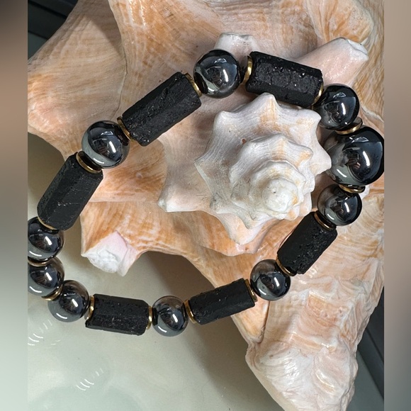 TERAHERTZ + BLACK TURMALINE + ONYX NATURAL STONES BRACELET size 8” - Picture 2 of 8
